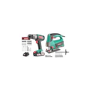 Perceuse Visseuse Sans Fil 60Nm, HYCHIKA 18V Professional Perceuse Percussion Sans Balais avec 2 Batteries, 53PCS Accessoires & HYCHIKA Scie Sauteuse 800W, Max. Profondeur de coupe: 110mm, 800-3000SPM