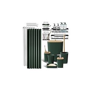 Ensemble d'accessoires de Salle de Bain 25 pièces avec étagère de Douche pour Rangement de Salle de Bain, Ensemble de Rideau de Douche Vert, Brosse WC, Poubelle, Distributeur de Savon, Porte-Brosse à