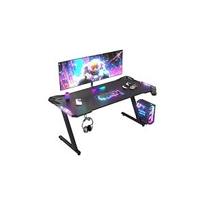 JUMMICO Bureau Gaming Professionnel RGB 160x60cm - Plateau Carbone Anti-Rayures, Imperméable - Pieds en Z, Rétroéclairage LED, Porte-Casque & Porte-Gobelet