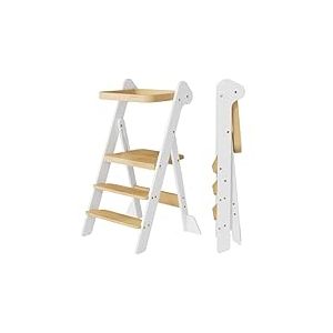 COSYLAND Tour d&rsquo;Observation Montessori Enfant Pliable &ndash; If Design Award, Tour d&rsquo;Apprentissage en Bois R&eacute;glable en Hauteur d&egrave;s 1 an avec Filet de S&eacute;curit&eacute;, Kitchen Helper B&eacute;b&eacute; &ndash; Blanc & Naturel