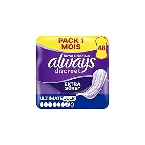Always Discreet Extra S&ucirc;re, 48 Serviettes Hygi&eacute;niques Incontinence Femme, Ultimate Jour 6 Gouttes, Protection Absorbante pour Fuites Urinaires Importantes de Jour, Pack 1 Mois