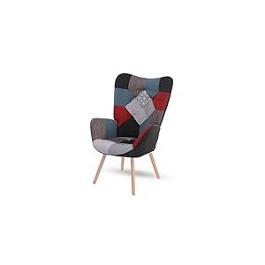 Meuble Cosy Fauteuil Scandinave Chaise de Canap&eacute; de Loisirs pour Salon Salle &agrave; Manger Bureau avec Un Rev&ecirc;tement en Tissu Patchwork, Accoudoirs Rembour&eacute;s et des Pieds en Bois Massif