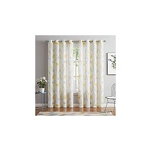 July Joy Rideaux Transparents imprimés texturés en Lin pour Salon, Motif Floral et Feuilles, Style Ferme, Rideaux de fenêtre à œillets pour Chambre à Coucher, Salle à Manger, 132,1 x 213,4 cm, Jaune