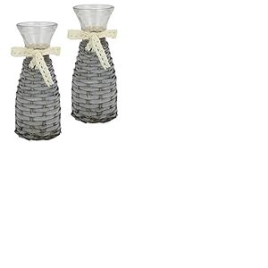 Lot de 2 vases en Verre avec rotin et Dentelle - 21 cm - Style Maison de Campagne - Décoration Rustique - Décoration de Table de Mariage - Nœud pour Fleurs Simples - Vase cylindrique - Vase de Table