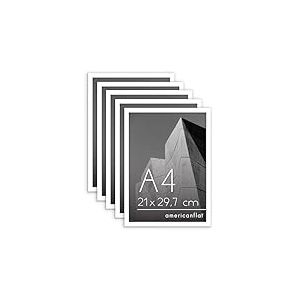 Americanflat Lot Cadre Photo A4 Blanc - 5 Cadres Photo &agrave; Bordure Fine - Vitre Antichoc - Chevalet & Mat&eacute;riel de Suspension Int&eacute;gr&eacute; pour Mur et Surface Plane - Suspension Horizontale ou Verticale