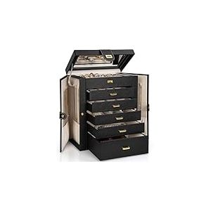 AKOZLIN Bo&icirc;te &agrave; bijoux fonctionnelle avec miroir pour femmes et filles, coffret de rangement en cuir pour bagues, colliers, boucles d&rsquo;oreilles, bracelets, noir