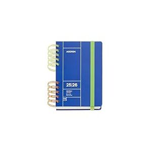 Miquelrius - Agenda scolaire 25-26, Septembre 2025 à août 2026, 126 x 178 mm, Page jour, Double spirale bicolore, Couverture rigide, Fermeture en caoutchouc, Autocollants, Espagnol-Anglais-Portugais