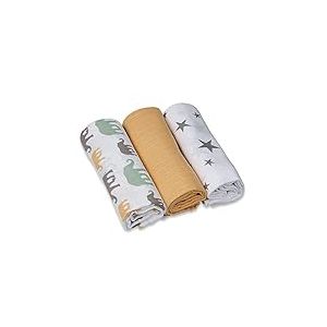 Grünspecht Lot de 3 couches en gaze 70 x 70 cm en 100% coton, sans azurant optique, doux pour la peau et absorbant, jaunes, étoiles, éléphants (1500-V6)