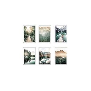 DKORARTE Lot de 6 tableaux avec base en bois, décoration de salon moderne, chambre à coucher, paysage, plage, nature avec crochets métalliques (38 x 29 cm chacun)