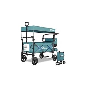 Sekey Chariot Enfant Pliable avec Toit pour 2 Enfants 100KG, Chariot de Transport Pliable Enfant avec Poign&eacute;e de Pousseur, Roues en PU Antichoc et Freins 110L SS5050, Vert fonc&eacute;