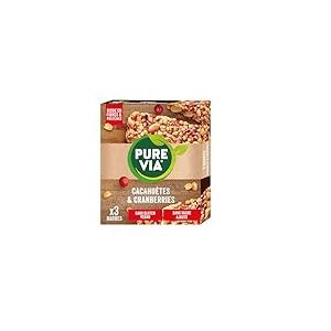 Pure Via Barres de Céréales Cacahuètes & Cranberries – Riches en Fibres et Protéines - Sans Gluten et sans sucre Ajouté | 3 X 35g