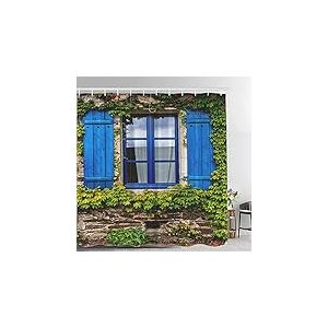 Batmerry Rideau de Douche avec Motif Floral européen,pour décoration de Jardin, fenêtres en Bois Bleu,Stores,Plantes Vertes,Rideau de Douche pour Cabine de Douche, Taille Standard,183x183 cm