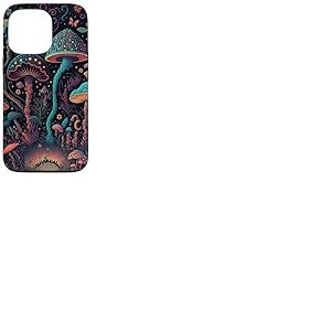 Coque pour iPhone 13 Pro Motif champignons magiques psychédéliques noirs esthétiques