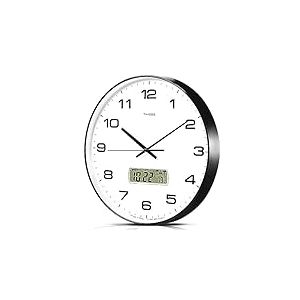 TIMESS Horloge Murale, Grand Cadran de 35,6 cm, sans tic-tac, silencieuse, Fonctionne à Piles, Affichage LCD pour Calendrier perpétuel et température F°, idéale pour la Maison, la Chambre, Le Bureau