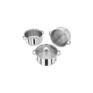 Judge Essentials HX04 Cuiseur Vapeur à 3 étages en Acier Inoxydable 22 cm, Couvercle en Verre ventilé, cocotte intégrale, Passe au Four, Compatible avec Les plaques à Induction, Garantie 10 Ans