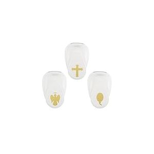Vaessen Creative Perforatrices Communion 3 Pcs-Ange, Croix, Ballon-Scrapbooking Matériel pour Papier, Cartes et Loisirs Créatifs, Métal, Blanc-or, (1,9 x 2,5 cm) / (1,3 x 2,5 cm) / (1,5 x 2,5 cm)