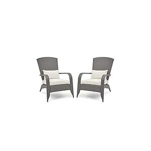 Mondeer 2X Chaise Adirondack, Salon de Jardin 2 Fauteuils en Rotin PE, Fauteuil Relax Jardin Plein Air avec Dossier Haut et Accoudoirs, Chaises de Loisirs avec Coussins pour Patio, Gris Brun