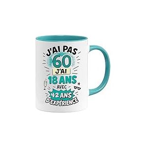 Jungle Mug | Mug 60 Ans Anniversaire Humour | Cadeau Original Femme Homme 60e Ann&eacute;e | Tasse Dr&ocirc;le J&rsquo;ai Pas 60 Ans &ndash; J&rsquo;ai 18 Avec 42 Ans d&rsquo;Exp&eacute;rience | C&eacute;ramique, Blanc/Bleu, 330 ml