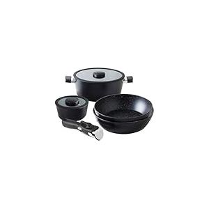 QDESIGN Batterie de cuisine émpilable 7 pièces - casseroles + poêle + wok + couvercles + poignée amovible | Aluminium Antiadhésif tous feux dont induction, Compatible four lave-vaiselle frigo, Noir