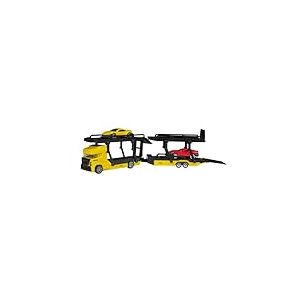 ADAC DieCast Transporter - Dimensions : environ 29 x 5 x 7 cm - Lot de 4 pièces comprenant : Camion DieCast, Remorque DieCast avec 2 niveaux et 2 voitures DieCast de 7 cm chacune, pièces mobiles, roue