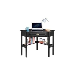 Yaheetech Bureau d'angle Poste de Travail Informatique Bureau en Bois avec Tiroir et &Eacute;tag&egrave;re de Rangement Design Classique et &Eacute;l&eacute;gant 106 &times; 71,5 &times; 76,5 cm Noir