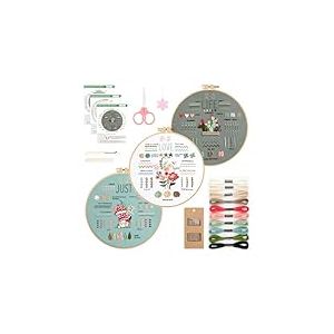 GlasFlength 3 Pièces Kit de Démarrage de Broderie, Kit De Broderie pour Débutant Fils à Broder Broderie Débutant Outil avec Cerceaux de Broderie Fils de Broderie Tissu et Outil (CX1103)