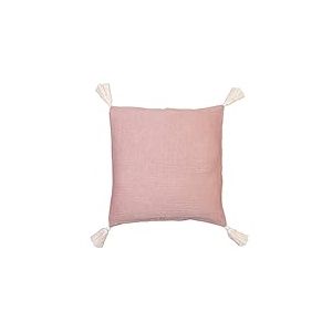 Jean&Len Housse de Coussin à Pompons en 100% Coton Bio, avec Boutons en Noix de Coco, Certifiée Oeko-Tex et Gots, Couleur Rose, Fabriquée en Turquie, 45 x 45 cm