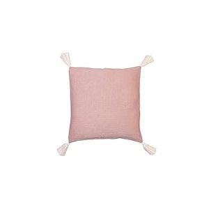 Jean & Len Housse de Coussin avec Pompons en 100% Coton Biologique, avec Boutons en Noix de Coco, certifiée Oeko-TEX & GOTS, de Couleur Rose, fabriquée en Turquie, taie d'oreiller 45 x 45 cm