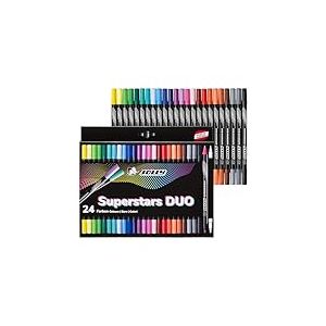 JOLLY Next Generation Superstars Duo Feutres, Feutres de feutre lavables de haute qualité avec deux pointes, Pointe d'écriture et pointe épaisse, Design noir, 24 couleurs