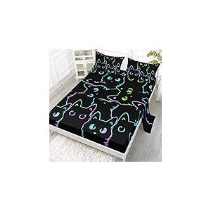 Axolotl Parure de lit 4 pièces avec 1 Drap-Housse, 1 Drap Plat, 2 taies d'oreiller pour Enfants, garçons, Filles, Adultes, Adolescents – Motif Chat Mignon – pour lit Simple – Motif Chat Mignon – pour