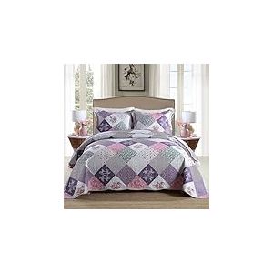 HoneiLife Parure de lit 3 pièces avec Courtepointe pour très Grand lit – Couvre-lit réversible en Microfibre à Motif Patchwork Floral pour Toutes Les Saisons – Petite Rose, Violet