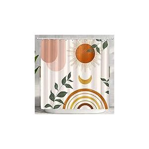 Ghroiep Rideau de Douche esthétique bohème Orange du Milieu du siècle, Motif Feuilles et Soleil, décoration Moderne Minimaliste avec 12 Crochets, 183 x 183 cm
