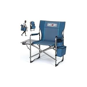 OVERMONT Chaise De Camping Pliable - Fauteuil De Régie Pliable - Supporte Jusqu'à 180 Kg - Chaise Pliable avec Table Latérale Et Sac Isotherme pour Camping Pêche Festival Bleu-Gris