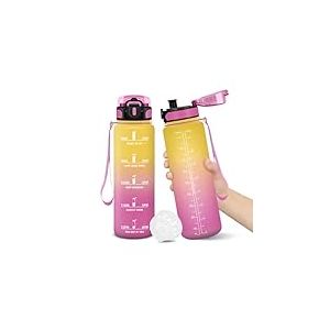 Gourde, 1000ML Sans BPA, Gourde sport, Conception de Verrouillage Anti-Fuite, Bouteille, Avec Horodatage, Bouteille Eau pour École, Yoga, En cours d'exécution, Escalader Des Montagnes - JauneRose