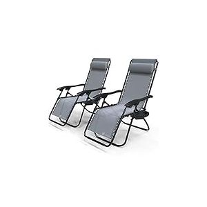 vounot Lot de 2 Chaise Longue inclinable avec Support de Gobelet Amovible Chaise de Jardin Pliable en Textil&egrave;ne Chaise Longue avec Rembourrage de T&ecirc;te Amovible Charge Max 120KG Fauteuil Relax Gris