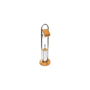 Relaxdays Ensemble porte brosse WC support porte rouleau papier toilette en bambou et inox brosse plastique distributeur papier toilette, nature
