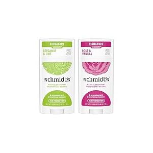 Schmidt's Déodorant d'Origine Naturelle Stick Rose et Vanille Efficacité 24h Certifié Vegan 75g + Déodorant Stick Signature Bergamote et Citron Vert,Testé Dermatologiquement, 75g