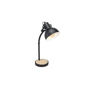 Eglo Lampe de table Lubenham, luminaire de table vintage de style industriel, lampe de chevet r&eacute;tro en acier et bois, coloris noir et marron, certifi&eacute;e FSC, douille E27, avec interrupteur