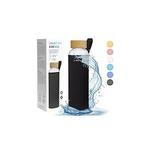 Aquafloow Flacons d'eau Transparents, Brosilicate Étui en Néoprène 700 ml, Bouteille d'eau en Verre avec Couvercle en Bambou, Sans BPA | Idéale pour Le Bureau, L'école, La Maison – Noir