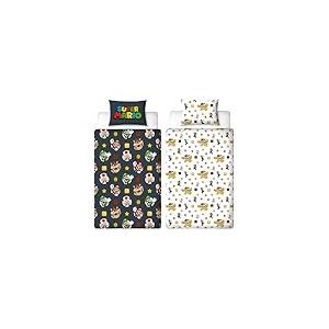 Parure de lit Nintendo Super Mario Officielle avec Motif Mario, Luigi et Bowser | Housse de Couette réversible Double Face Noire avec taie d'oreiller Assortie