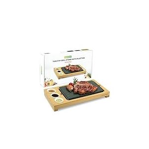NutriChef Sizzle Hot Stone Set de Cuisine - Grill de Table en Granit avec Plateau en Bambou, Bols en C&eacute;ramique pour Sauce & Plateau en Acier Inoxydable | Grill Int&eacute;rieur/Ext&eacute;rieur pour Viande,