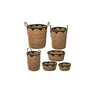 Lot de 6 paniers en herbe de mer et coton naturel et vert Ø40 x 47 + Ø34 x 42 + Ø28 x 37 + 34 x 25 x 16 cm