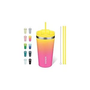 BJPKPK Gobelet isotherme en acier inoxydable de 532 ml avec couvercle et paille, gobelet &agrave; caf&eacute; de voyage thermique pour homme et femme, rose jaune rose