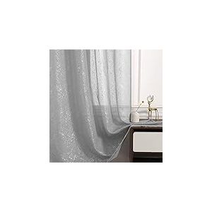 TERLYTEX Lot de 2 Rideaux Transparents Gris paillet&eacute; de 160 cm de Long - Chic - Argent&eacute; - pour Chambre &agrave; Coucher - Passe-Tringle - Rideau de fen&ecirc;tre - Pare-Vue - 132 x 160 cm - Argent&eacute;/Gris