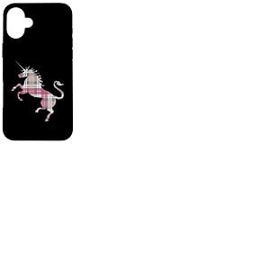 Silhouette de licorne écossaise en tartan rose, blanc et gris Coque pour iPhone 16 Plus
