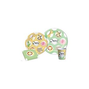 Kit Vaisselle de Fête animaux Jungle Party pour 8 personnes (44 pcs: 8 assiettes Ø23cm, 8 assiettes Ø18cm, 8 gobelets 250ml, 20 serviettes 33x33cm) en papier compostable eco-friendly