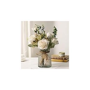 YJ Fleurs artificielles avec Vase, Bouquet de Roses artificielles en Soie, d&eacute;coration de Maison, de Bureau, de Centre de Table &agrave; Manger (Blanc)