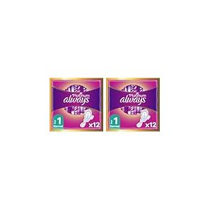 Always Platinum Serviettes Hygiéniques, Taille 1, Normal, 12 Serviettes Avec Ailettes, Flux Légers Jour, Format Eco, Douces et Flexibles, Super Absorbantes et Ultra Fines (Lot de 2)