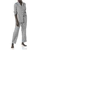 Amazon Essentials Ensemble de pyjama en flanelle &agrave; manches longues avec boutons sur le devant et pantalon pour femme, noir/blanc, vichy, taille L