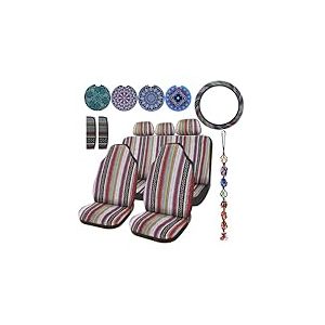 Frienda Baja - Lot Complet de 14 Housses de siège de Voiture - Motif à Rayures Multicolores - Housse de Volant - Housse de Ceinture de sécurité - Ornement à Suspendre - Supports de Voiture (Style